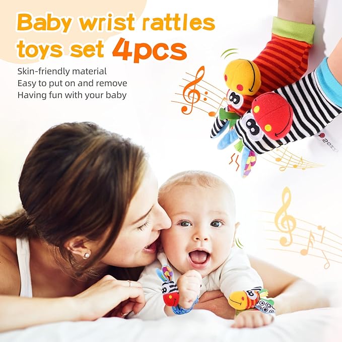 Baby Toys 0-6 Months, Wrist Rattles Foot Finder Socks Set, Infant Rattle Socks and rattles Wrist, Soft Newborn Sensory Toys,Infant Wrist Rattles for Babies 0-6 Months,Baby Gifts 6-12 Months