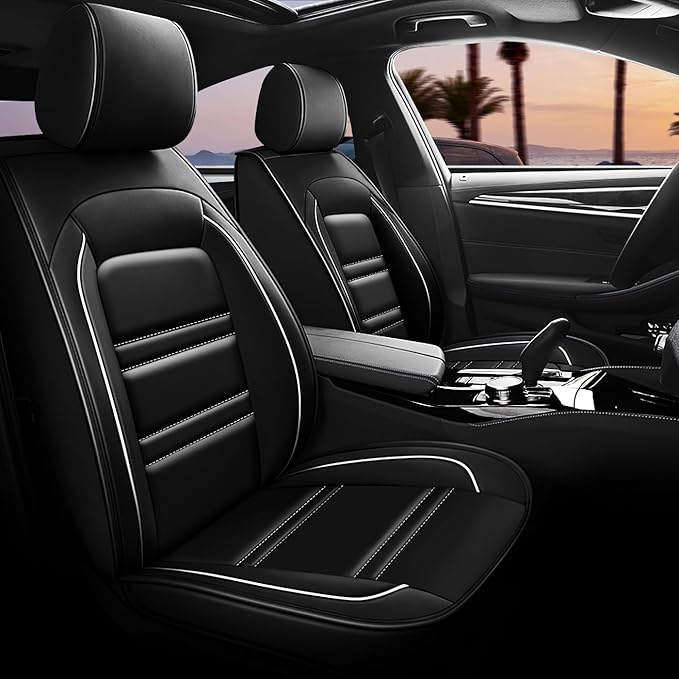 Seat Covers for JP Patriot 2009-2017 | 5-Seats Leather Seat Covers, Easy to Install Automotive Seat Covers Full Set (Full Set, Black&White Line)
