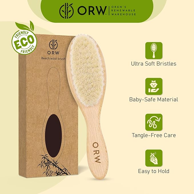 ORW OREN’S Baby Hair Brush - Perfect for Newborn, Toddlers, Infants, Girls & Boys - Beechwood Handle & Goat Hair White Bristle Brush for Gentle Scalp Grooming, Cradle Cap Relief