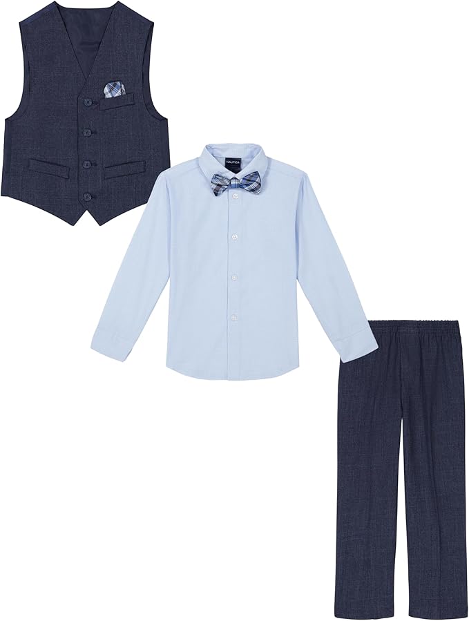 Nautica Boys' 4-Piece Formal Suit Set with Vest, Pants, Collared Dress Shirt, and Tie