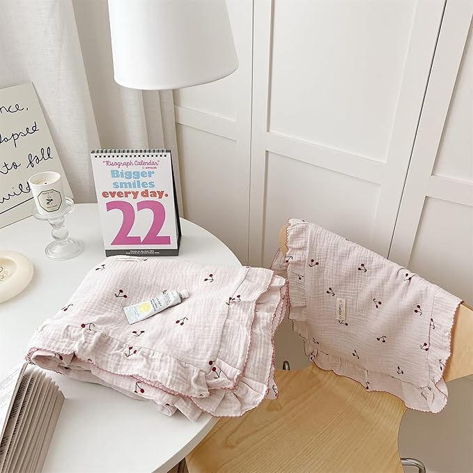AOJIM Pink Cotton Muslin Kids Toddler Pillowcase Super Soft Baby Crib Bedding Pillowcase with Ruffle Edges Machine Washable Cherry Nursery Pillowcase for Boys Girls, Durable Kids Pillow Cover, 26*20''