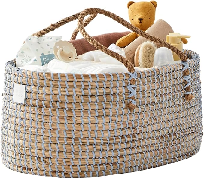 BEBE BASK Premium Light Blue Baby Diaper Caddy Organizer -Handmade - Seagrass Basket With Cotton Divider - Award-Winning & Luxury Diaper Caddy Basket - (Dove)