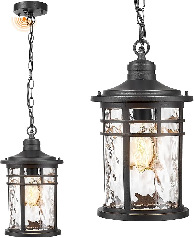 Large Hanging Porch Light 12.4 Inch Dusk to Dawn Outdoor Pendant Light with Water Ripple Glass Waterproof Outdoor Hanging Lantern Light with Adjustable Chain E26 Socket