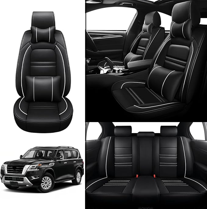 Car Seat Covers for Nissan Car Armada 2004-2024 | 5-Seats Seat Covers, Waterproof Seat Protectors, Automotive Seat Covers (Full Set with Pillow,Black&White Line)