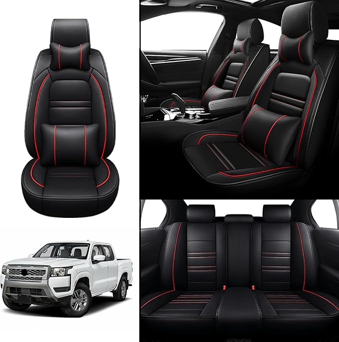 Car Seat Covers for Nissan Car Frontier 1998-2025 | 5-Seats Seat Covers, Waterproof Seat Protectors, Automotive Seat Covers (Full Set with Pillow,Black&Red Line)