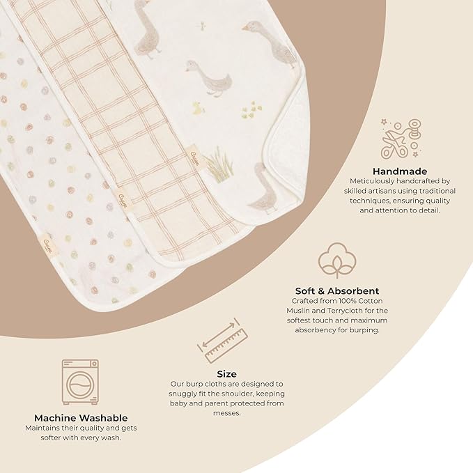 Crane Baby Burp Cloth Set, 3-pc. Charlie Farmhouse Goose Collection, Soft 100% Cotton Muslin Burping Cloths for Baby Boys &Girls, Newborn Burp Rags, Baby Must Haves for Newborns, Farm Nursery Decor