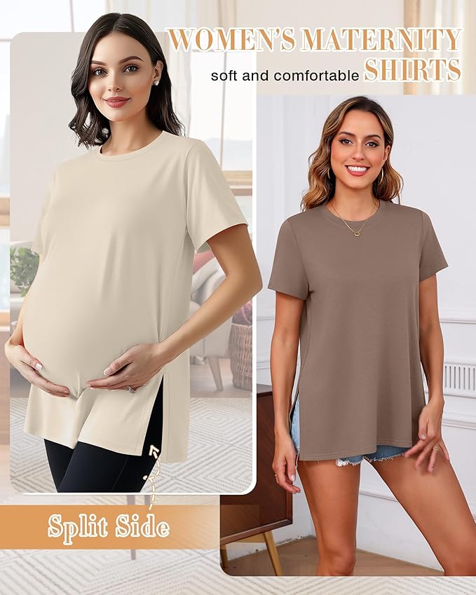 Ficerd 3 Pack Women's Maternity T Shirts, Short Sleeve Side Split Pregnancy Tops Casual Crew Neck Pregnant Tees Mama Clothes
