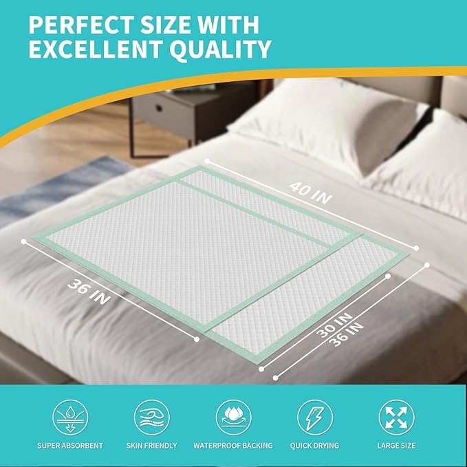 Disposable Bed Pads 40x36 Inch (40 Pack) - Extra Large, Super Absorbent Underpads for Adults & Pets, Waterproof Incontinence Pads, Mattress Protector [100x91CM]