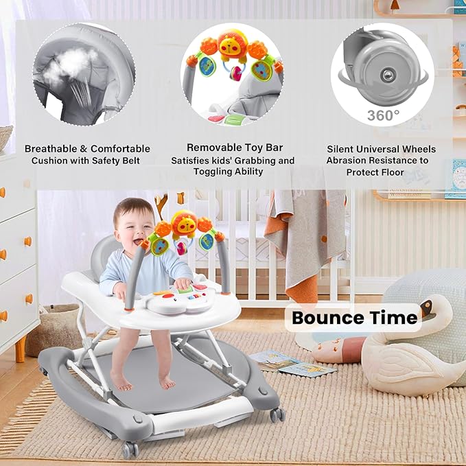 Baby Walker, 5-in-1 Baby Walkers for Boys and Girls 6-12 Months with Bouncer, Removable Footrest, Feeding Tray & Music, Foldable & Adjustable Activity Walker for 6-18 Months Toddler Infant