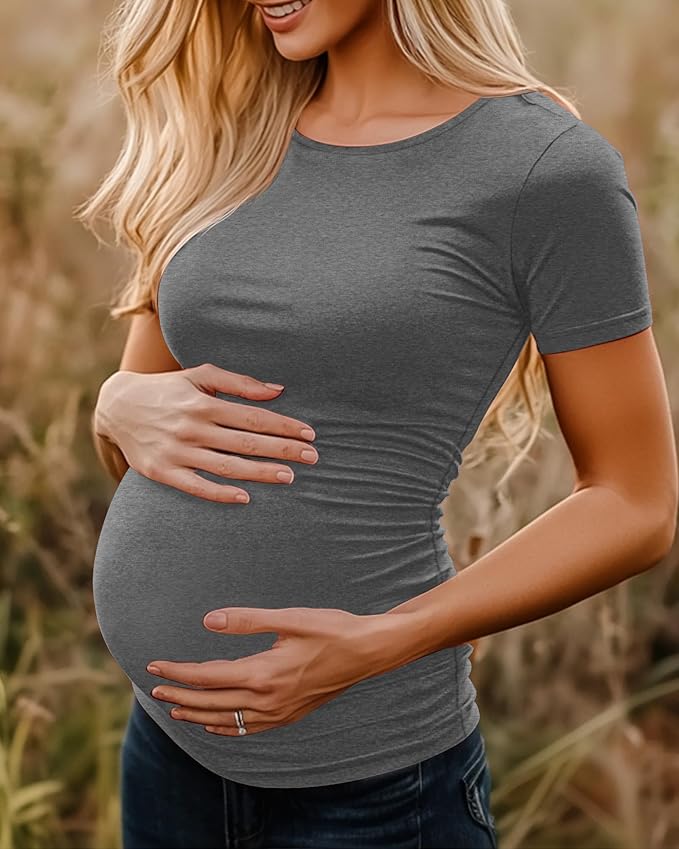 Huukeay 4 Pack Women's Maternity Shirts, Crew Neck Maternity Top Short Sleeve Casual Cotton Tee Side Ruched Pregnancy Clothes