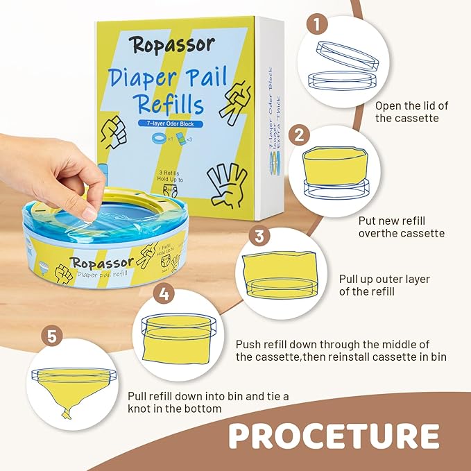 Diaper Pail Refill Bags for Genie Complete/Expressions & Munchkin Step Diaper Pail (840 count) 1 Cassette+3 refills, 7-Layer Odor-Absorbing, Disposable Diaper Poop Bags, Baby essentials