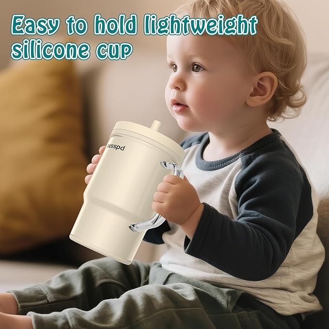 Toddler Cups – 9 oz Adorable Miniature Tumbler with Leak-Resistant Straw and Toddler-Friendly Handle, Encourages Hydration, Easy to Clean, Sippy cups for Toddlers 1-3，BPA Free silicone (Cream)