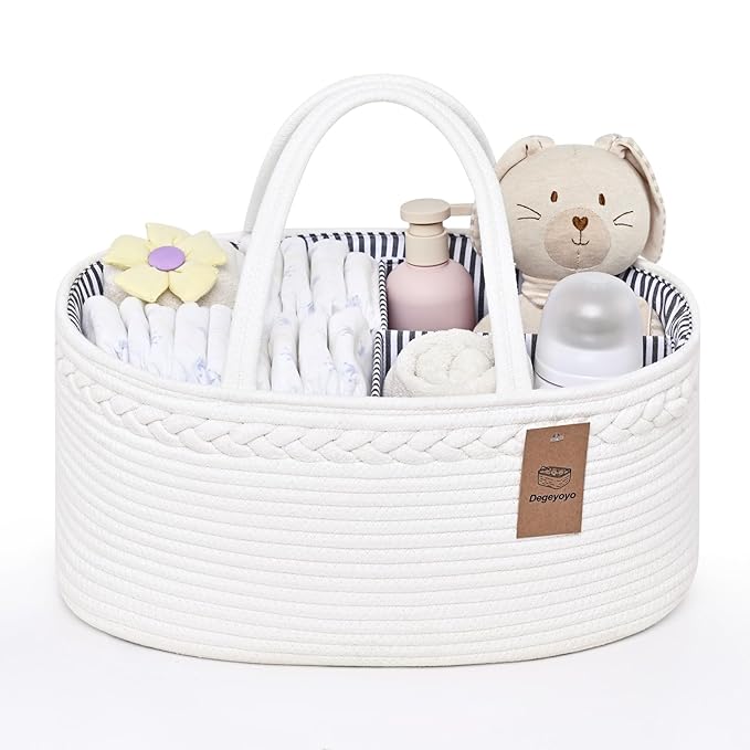 Baby Diaper Caddy Organizer, Cotton Rope Diaper Basket, Changing Table Storage Caddy With Removable Divider, Baby Basket for Nursery, Car, Diapers, Baby Shower Gifts for Newborn