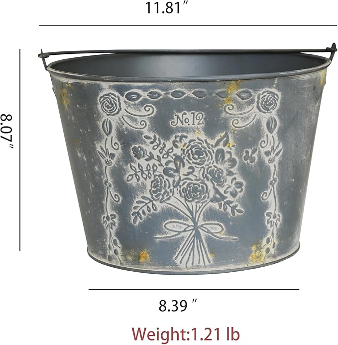 Vintage Embossed Metal Planter Pot with Handle, Rustic Farmhouse Flower Bucket, 11.81" Decorative Garden Pot for Indoor Outdoor Plants, Succulents, Herbs, Home Decor Accent