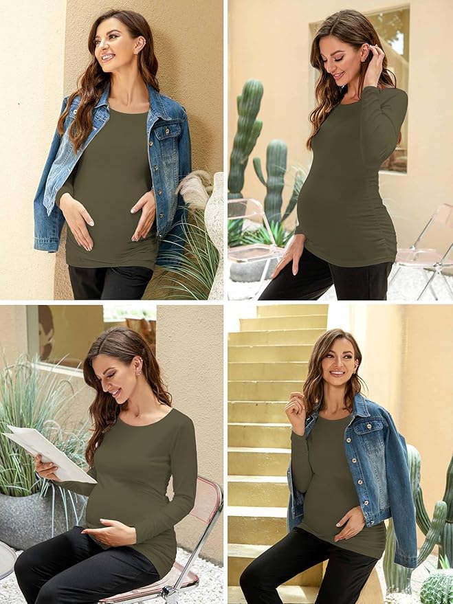Ecavus Women's Maternity Shirts Long Sleeve Soft Stretchy Pregnancy Tops Side Ruched Casual Mama Clothes