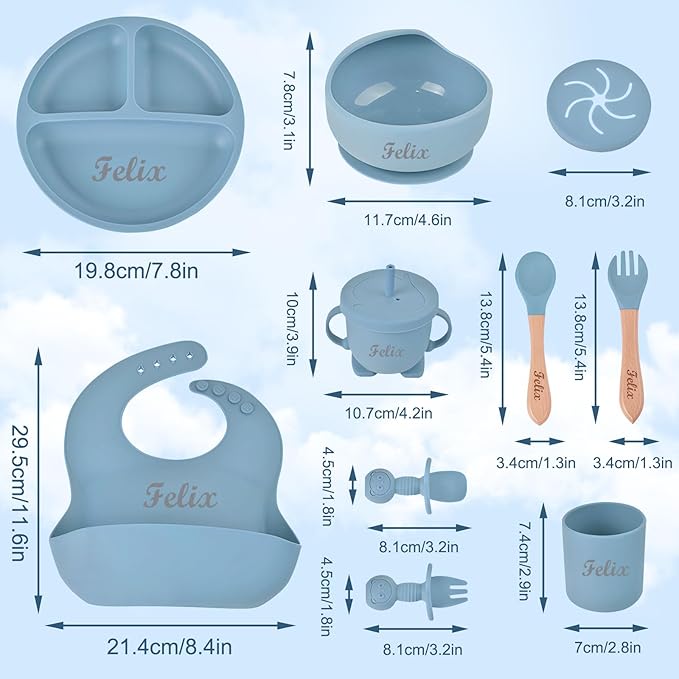 Personalized Silicone Baby Feeding Set with Name, Customized Baby Led Weaning Supplies Self Feeding Eating Utensils with Spoon, Fork, Silicone Suction Bowls, Cup, Plate Off-white