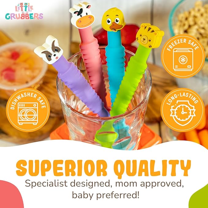 3-in-1 Silicone Baby Spoon Self Feeding 6+ Months - Pediatric OT Designed Teether Spoon, BPA Free Toddler Utensils, Mess-Free, Fun for Baby Led Weaning Supplies, Cow & Duck