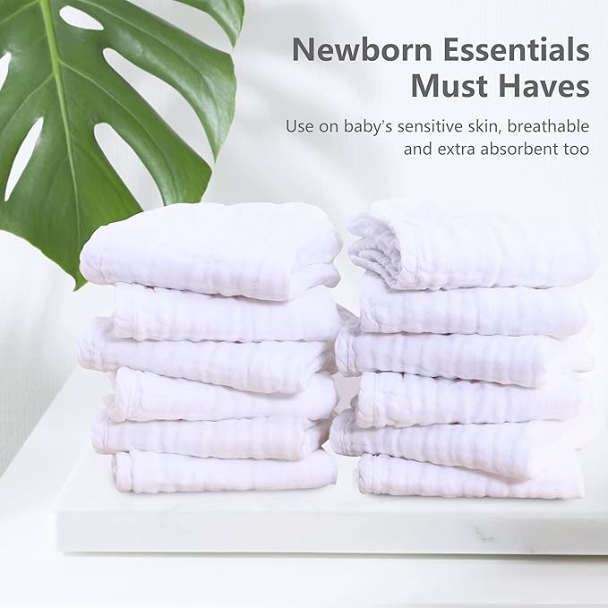 SWEET DOLPHIN 24 Pack Muslin Burp Cloths Large 100% Cotton Hand Washcloths for Baby - Baby Essentials Extra Absorbent and Soft Boys & Girls Milk Spit Up Rags for Newborn Registry - White, 20" X10"