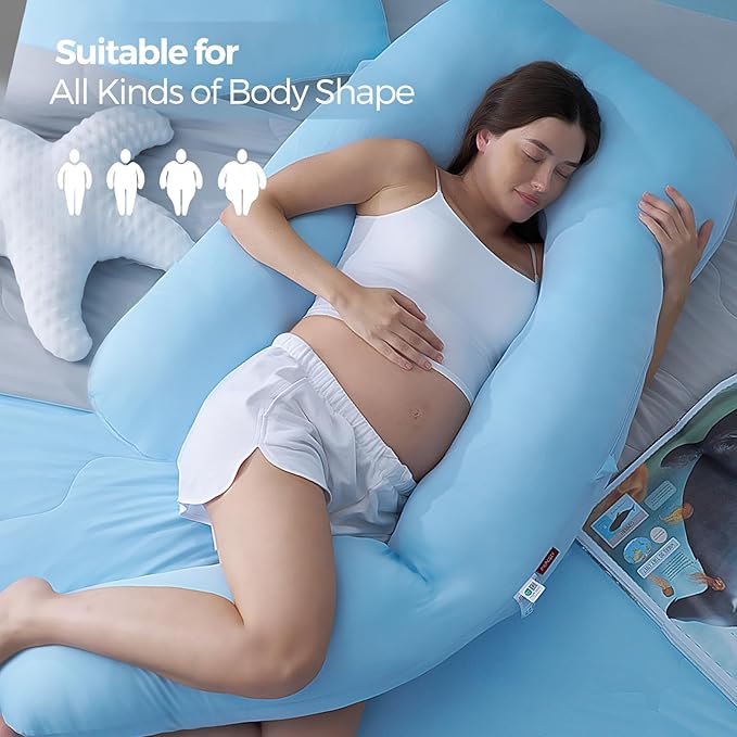 Momcozy Pregnancy Pillow with Cooling Cover, Dreamlign U Pro Maternity Pillow with Adjustable Leg Pillow - Support for Back, HIPS, Belly, Legs for Pregnant Women, 50-72 Inch, Bule