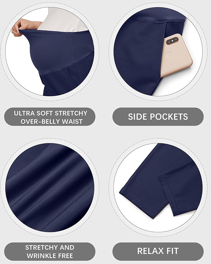 OUGES Womens Stretchy Maternity Over Belly Casual Work Straight Leg Pants Ankle Business Office Trousers with Pockets