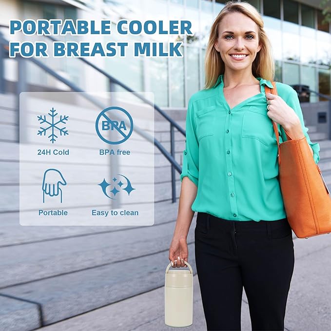 Portable Breast Milk Cooler, Stainless Steel Breastmilk Storage Keeps Breastmilk Cold for up to 24 Hours, Breast Milk Chiller Included Ice Pack for Women Outdoor Travel - White