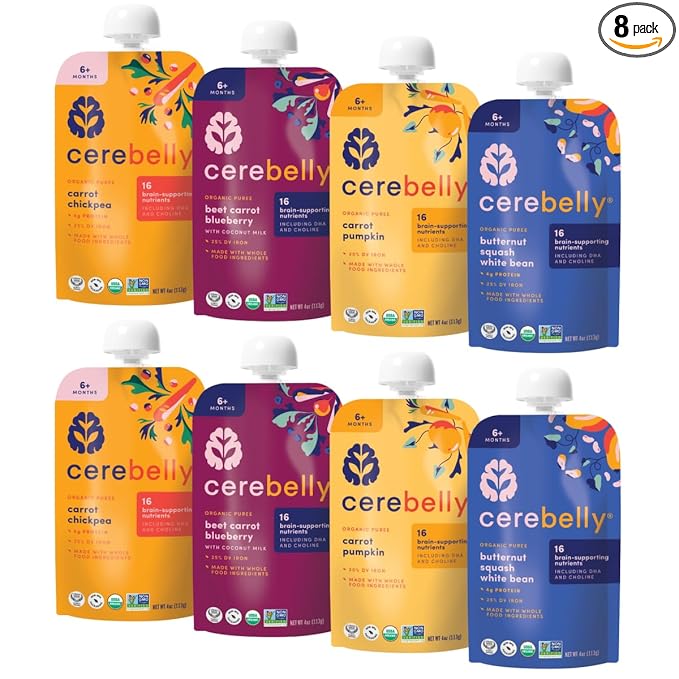 Cerebelly Organic Baby Food Pouches, Hearty Veggie Purees, 16 Nutrients, No Added Sugar, Non-GMO, Toddler Snacks, 4 Flavors, 4oz, 8 Pack