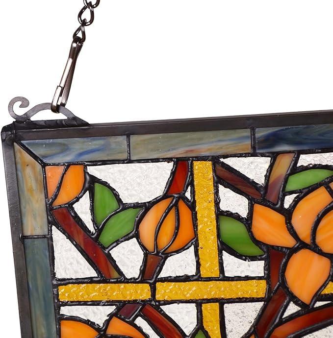 Bieye W10011 Peacock Tiffany Style Stained Glass Window Panel Hangings with Chain, 15" W x 23" H