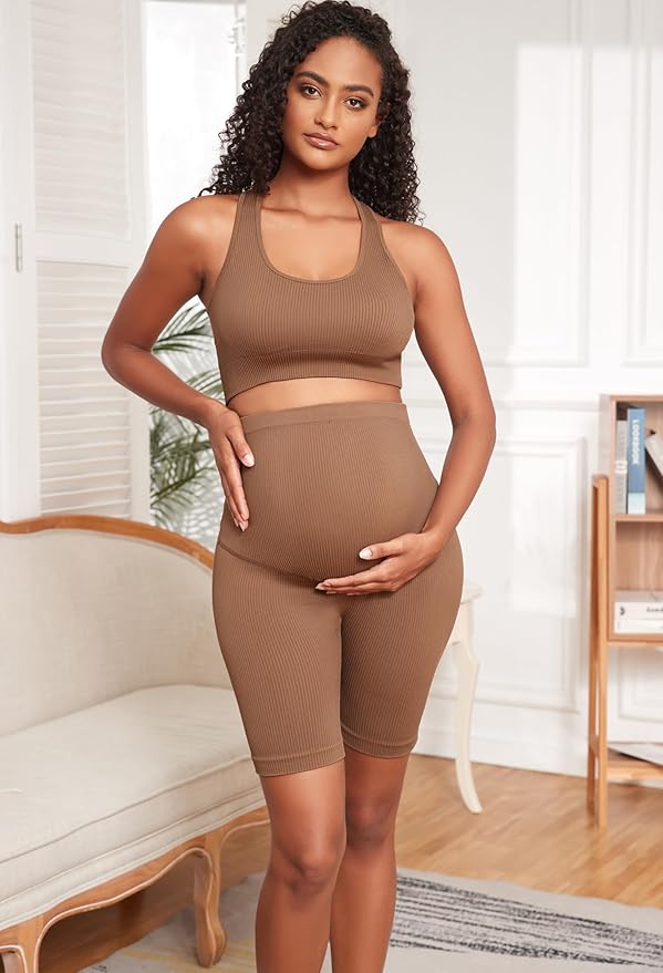 Women's Maternity 2 Piece Outfit Set - Bra & Shorts for Pregnancy - Yoga workout Lounge Wear Sets
