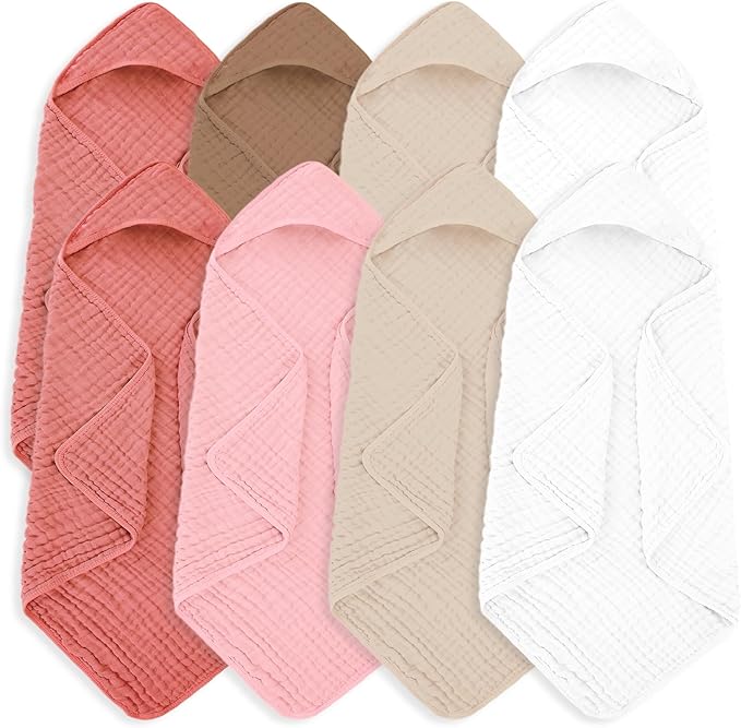 Muslin Hooded Baby Towels 100% Cotton ，Super Soft Muslin Baby Bath Towel - 32 x 32 Inches, Suitable for Newborn and Young Children up to 3 Years Old. (Light Pink & Dark Pink)