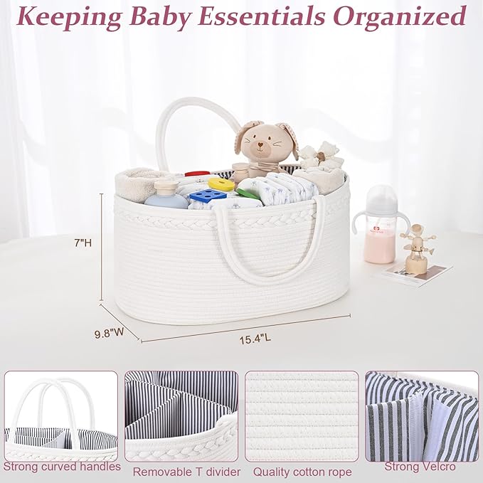 Baby Diaper Caddy Organizer, Cotton Rope Diaper Basket, Changing Table Storage Caddy With Removable Divider, Baby Basket for Nursery, Car, Diapers, Baby Shower Gifts for Newborn