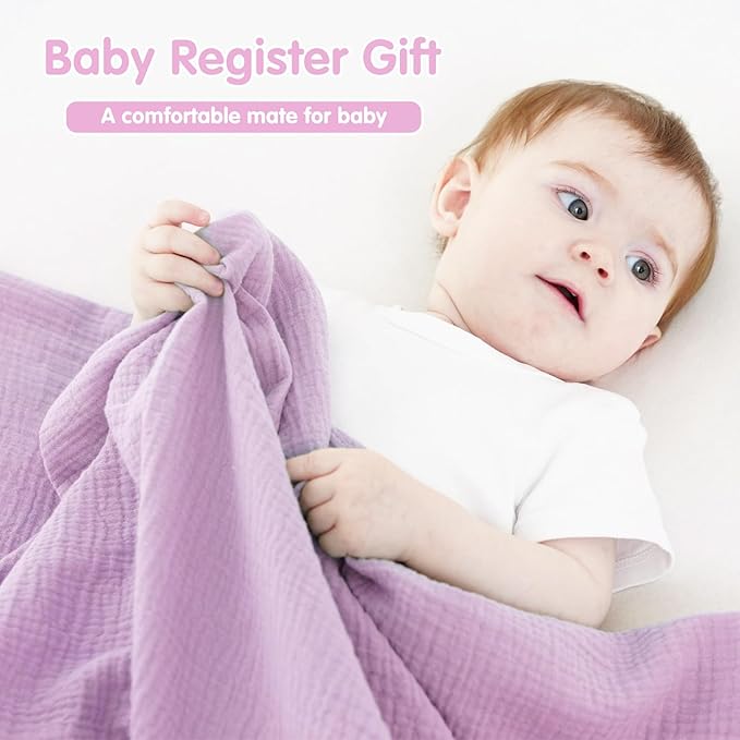 Muslin Swaddle Blankets for Newborns, 2 Pack Large 40 x 40 Inches, 100% Cotton Receiving Blankets, Soft and Breathable Baby Swaddles, Baby Essentials for Girls, Shower Gift, Pink and Purple