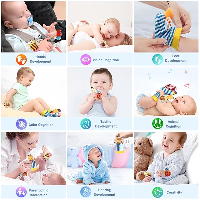 Wrist Rattles Foot Finder Rattle Sock Baby Toy, Rattle Toy, Arm Hand Bracelet Rattle, Feet Leg Ankle Socks, Activity Rattle Present Gift for Newborn Infant Babies Boy Girl Bebe (8 pcs-A)