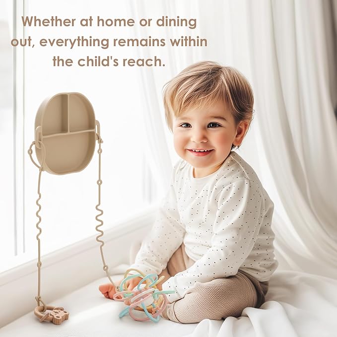 Andy Bear Silicone Plates for Babies with Suction Divided Baby Spoons Silicone Baby Toy Straps All-in-one Plates Silicone Placemat for Babies Toddlers Attachable Tethers & Built-in Suction Cups-Ivory