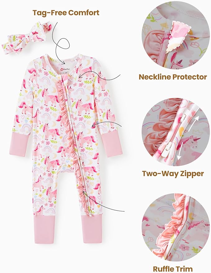 PATPAT Baby Girl Boy Clothes Newborn Infant Footie – Soft Viscose from Bamboo– 2-Way Zipper, Fold-Over Mitten, Ruffle Trim