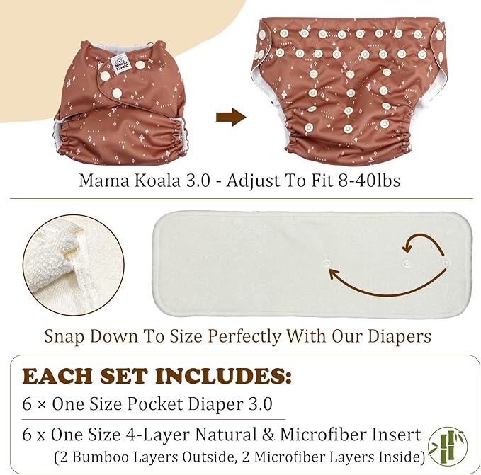 Mama Koala 3.0 Cloth Diapers for Babies with AWJ Lining, 6 Pack with 6 Natural Cloth Diaper Inserts - Reusable and Washable Pocket Diapers (Jagger-R)