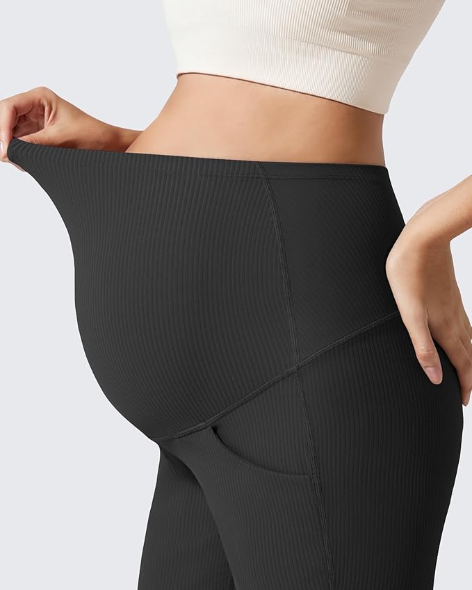 G4Free Ribbed Maternity Flare Yoga Pants with Pockets Over The Belly Pregnancy Bell Bottom Leggings