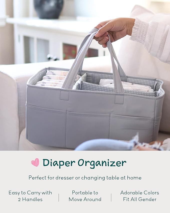 Lily Miles Diaper Caddy Organizer with 8 Pockets, Wipeable Baby Caddy Basket for Diapers and Wipes, Baby Registry Favorites, Nursery Tote Bag for Changing Table or Car (Heather Grey, Large)