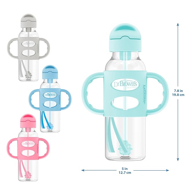 Dr. Brown's Milestones Narrow Sippy Straw Bottle, Spill-Proof with 100% Silicone Handles and Weighted Straw, 8 oz/250 mL, Pink, 6m+ (Pack of 2)