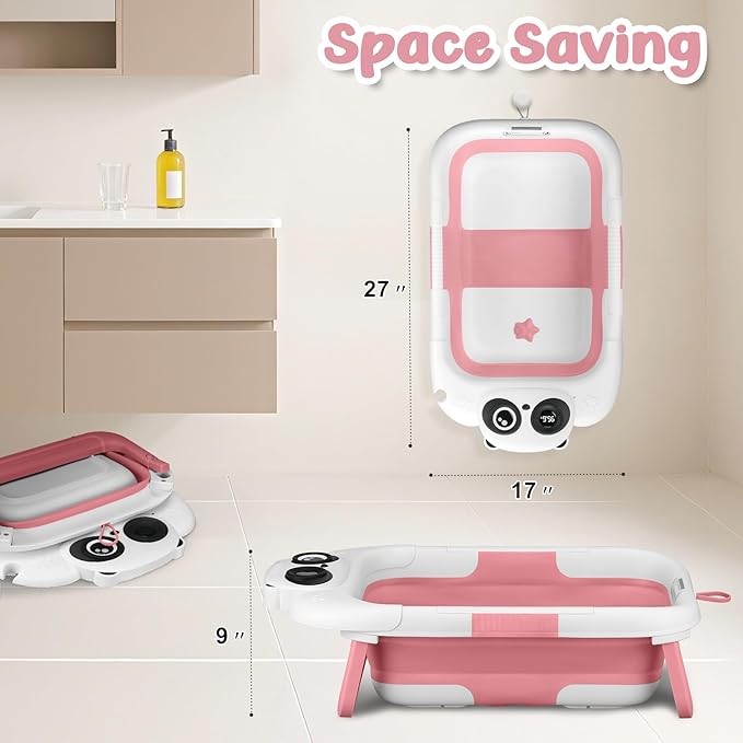 Collapsible Baby Bathtub for Newborn, Baby Bath Tub with Thermometer & Soft Floating Cushion & Drain Hole for Infant to Toddler, Portable Travel Bathtub with No-Slip Feet for 0-36 Months-Pink