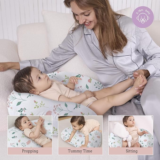 Little Grape Land Nursing Pillow, Soft 100% Cotton Breastfeeding Pillow with Breathable Muslin Removable Cover,Pink Bunny Breast Feeding Pillows for Babies 0-12 Months with Protective Zipper