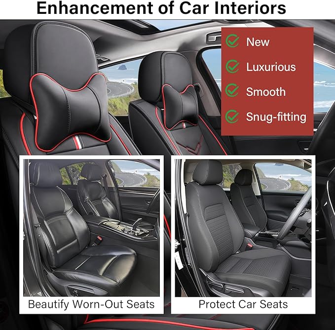 Leather Car Seat Covers Fit for LR LR4 2009-2016, 5 Seater Waterproof and Wear-Resistant Seat Cover Interior Accessories(Full Set with Pillow,Black&Red)