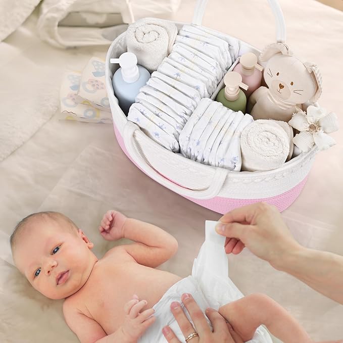 Baby Diaper Caddy Organizer, Cotton Rope Diaper Basket, Baby Basket for Changing Table, Nursery, Car, Changing Table Storage Bin With Removable Divider, Baby Shower Gifts for Newborn, Baby Essentials
