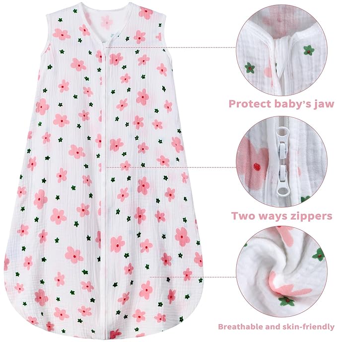 2 Pack Baby Sleep Sack 12-18 Months 100% Organic Cotton Muslin Baby Sleeping Bag 2-Way Zipper Wearable Blankets (Flower & Cherry, Large)
