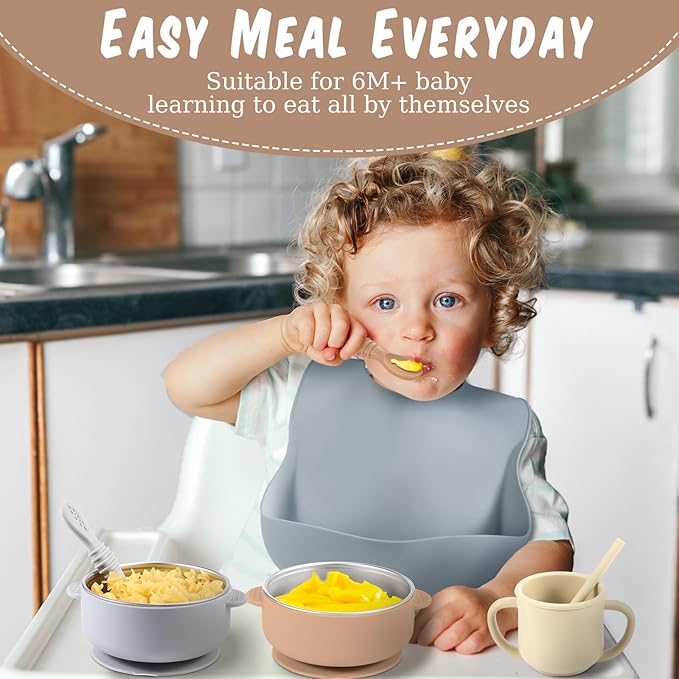 Yinder 15 Pack Silicone Baby Feeding Set Include Baby Bowls Spoons Forks Adjustable Bib Tiny Cups for Babies Toddlers Kids Self Feeding Eating Utensils Weaning Supplies(Brown/beige/gray)