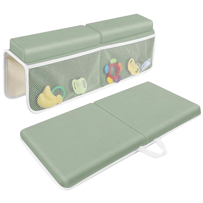 JJGoo Bath Kneeler with Elbow Rest Pad Set, 1.5 inch Kneeling Pad Mat for Bathtub Baby Bathing Parents, Painless Foam Mat with Toy Organizer Pockets, Non-Slip for Baby and Toddler Bathing