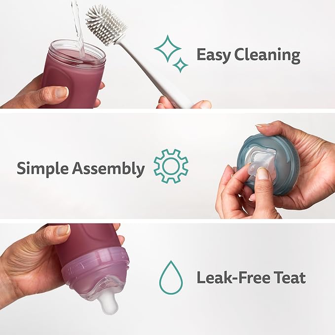 Herobility Glass Baby Bottle - 7 fl oz/220 ml - 3 Pack | Heat Sensing Color-Changing Bottle with Double Anti-Colic Nipple - Silicone Coating - Breastlike Nipples for Newborn Babies - Rose Color