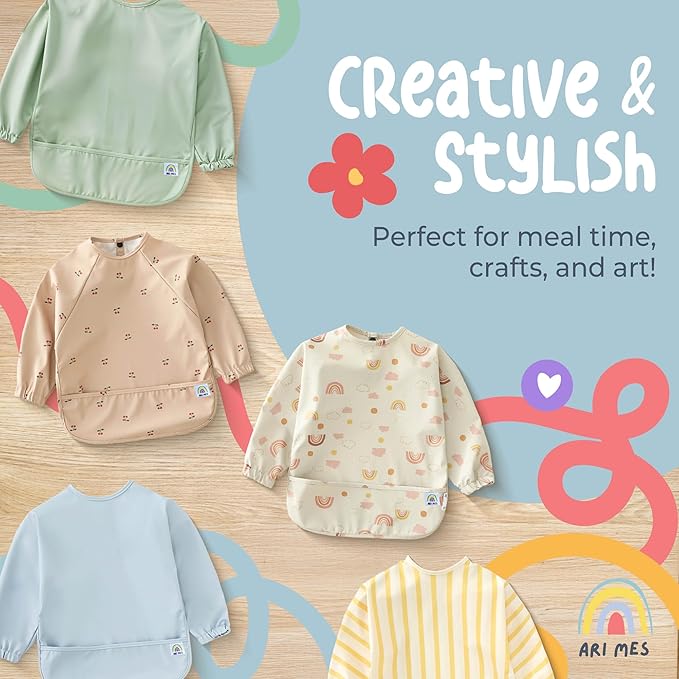 ARI MES Long Sleeves Waterproof Baby Bibs for Eating - Green, Small - Wearable, Coverall for Toddler, Long Sleeve Bib, Smock Apron for Feeding - Applicable for 6-72 Months