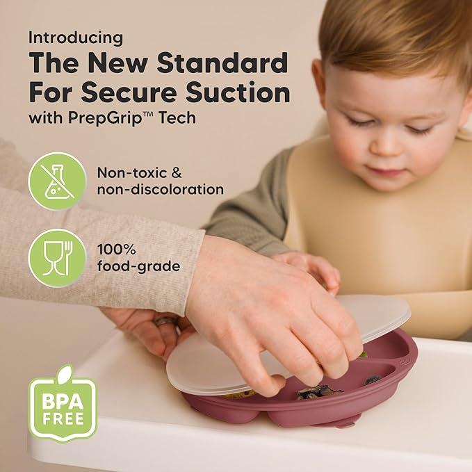 KeaBabies Suction Plates with Lids for Baby - 3-Pack 100% Silicone Toddler Plates with Suction, Divided, BPA-Free Baby Led Weaning Essentials for Kids, Dishwasher, Microwave Safe, Durable (Burgundy)
