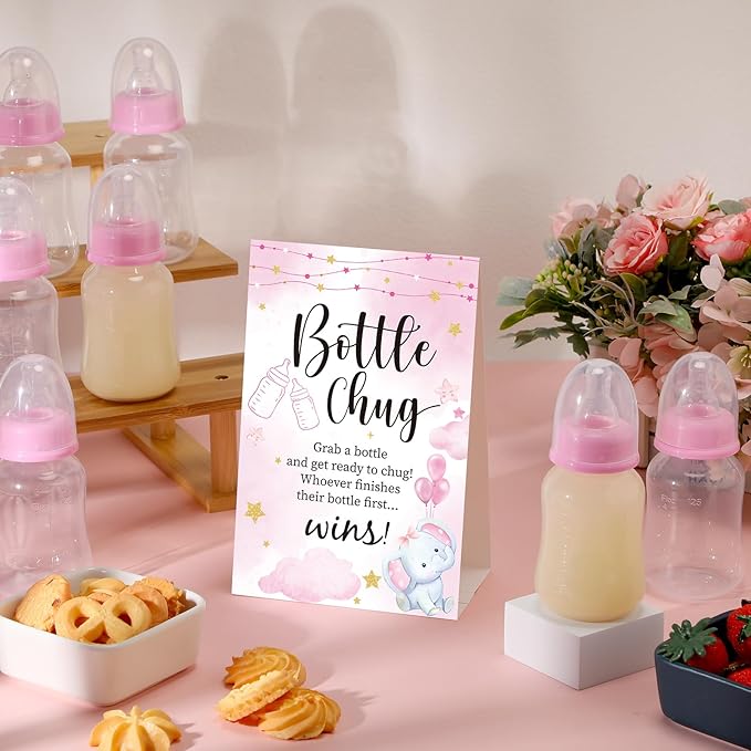 TrelaCo Bottle Chug Baby Shower Game 20 Pcs Baby Bottles Shower Favor with 1 Elephant Theme Sign for Gender Reveal Party Supplies Gifts(Pink)
