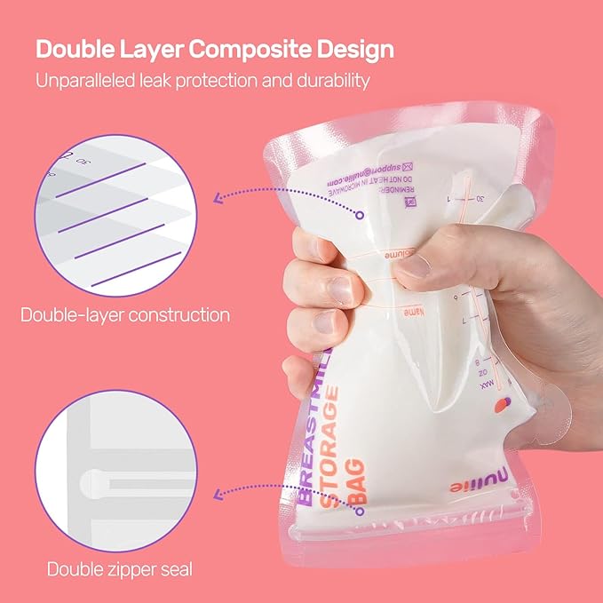 Nuliie 80 Pcs Breastmilk Storage Bags, 8 OZ Breast Milk Storing Bags, BPA Free, Milk Storage Bags with Pour Spout for Breastfeeding, Self-Standing Bag, Space Saving Flat Profile